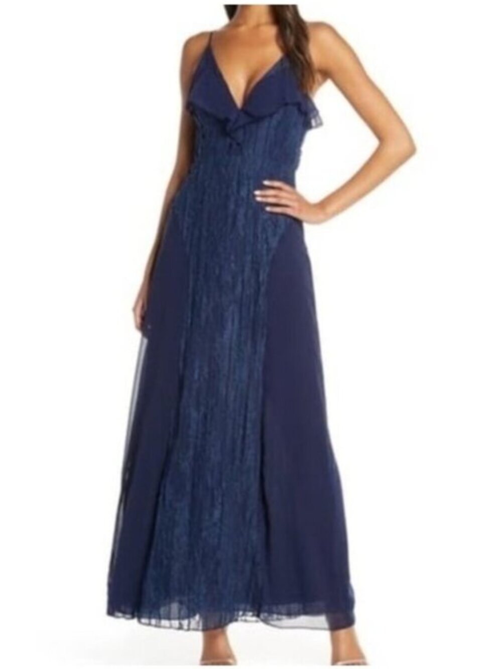Anthropologie Foxiedox NWT Pintuck Lace Chiffon Maxi Dress Navy Blue Size Small